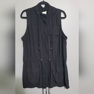 Black Sleeveless Sheer Hooded Vest/Tunic Plus Size 1X Cinch Waist